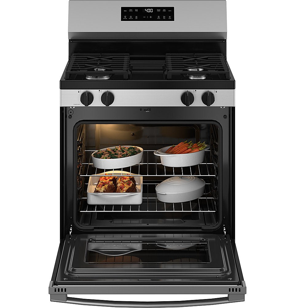 GE - 5.3 Cu. Ft. Freestanding Gas Range with Self-Clean, Steam Clean, and Built-In Wi-Fi - Stainless St+