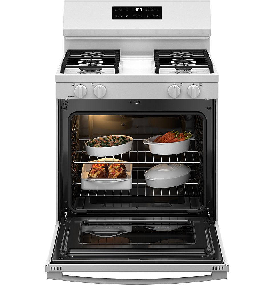 GE - 5.3 Cu. Ft. Freestanding Gas Range with Self-Clean, Steam Cleaning, and Built-In Wi-Fi - White